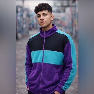 Fbrk Colorblock Track Jacket XL Purple Teal Black Zip Up Retro Athletic